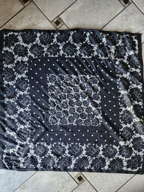 Vtg Made In Taiwan Black and White Roses Polka Dot Square Scarf 30 X 30
